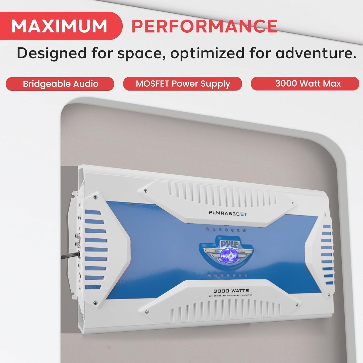 Pyle Hydra Marine Amplifier - Upgraded Elite Series 3000 Watt 8 Channel Bridgeable Amp Tri-Mode Configurable, Waterproof, MOSFET Power Supply, GAIN Level Controls and RCA Stereo Input - PLMRA830BT