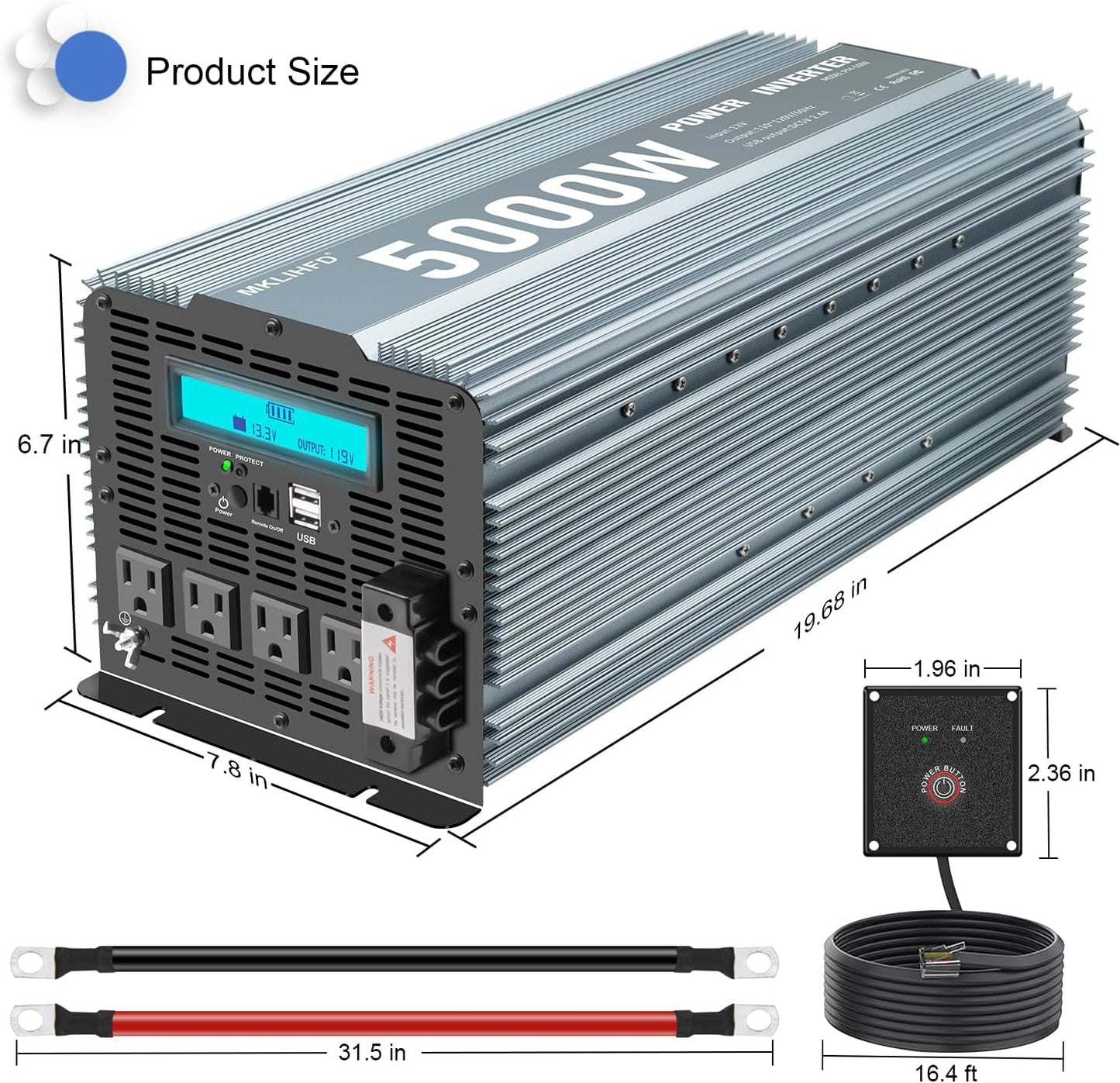 Power Inverter 5000 watt 12v to 110v /120V Inverter for car Vehicles Truck Camping Solar Panel Power Converter Adapter with Clamps and Remote Inverter 5000W