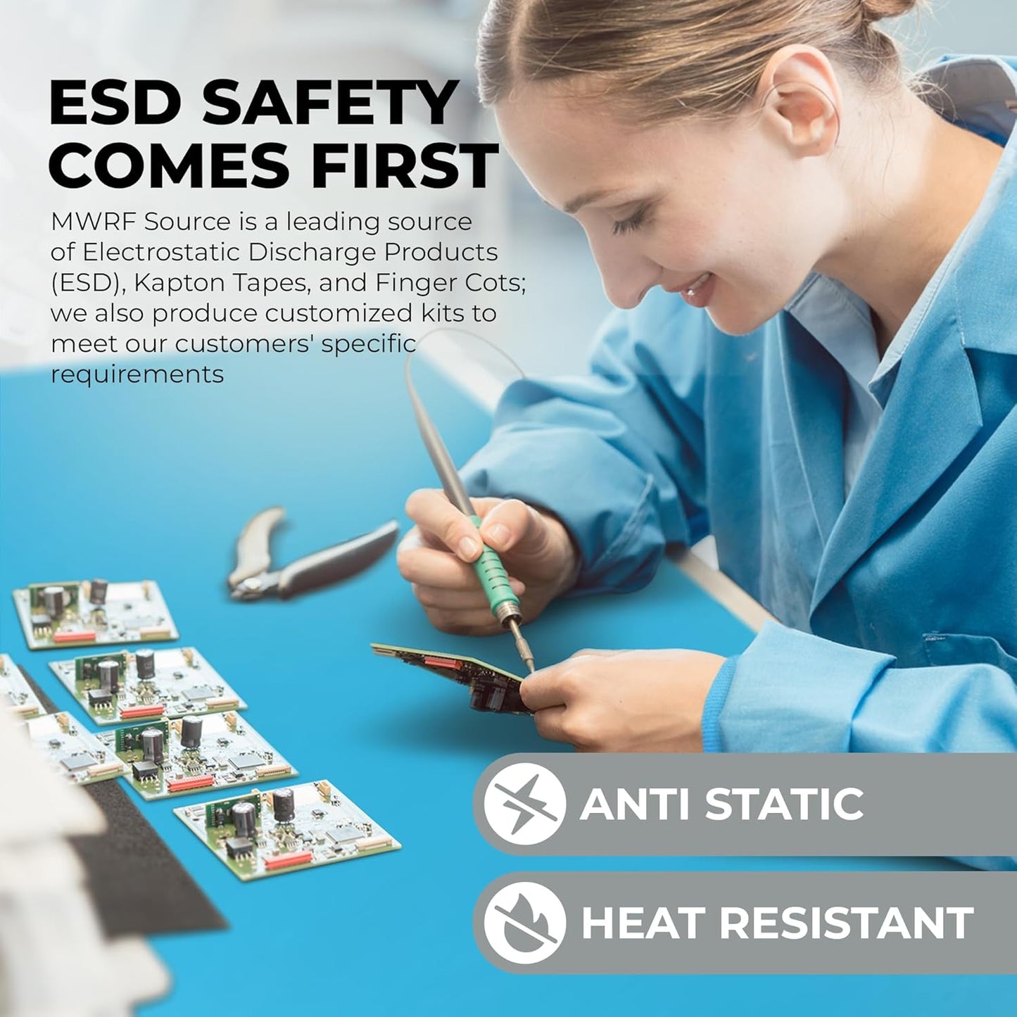 MWRF Source ESD Mat Kit with Wrist Strap and Grounding Cord (2.5 FT x 3 FT x 0.12 Inch, Blue)