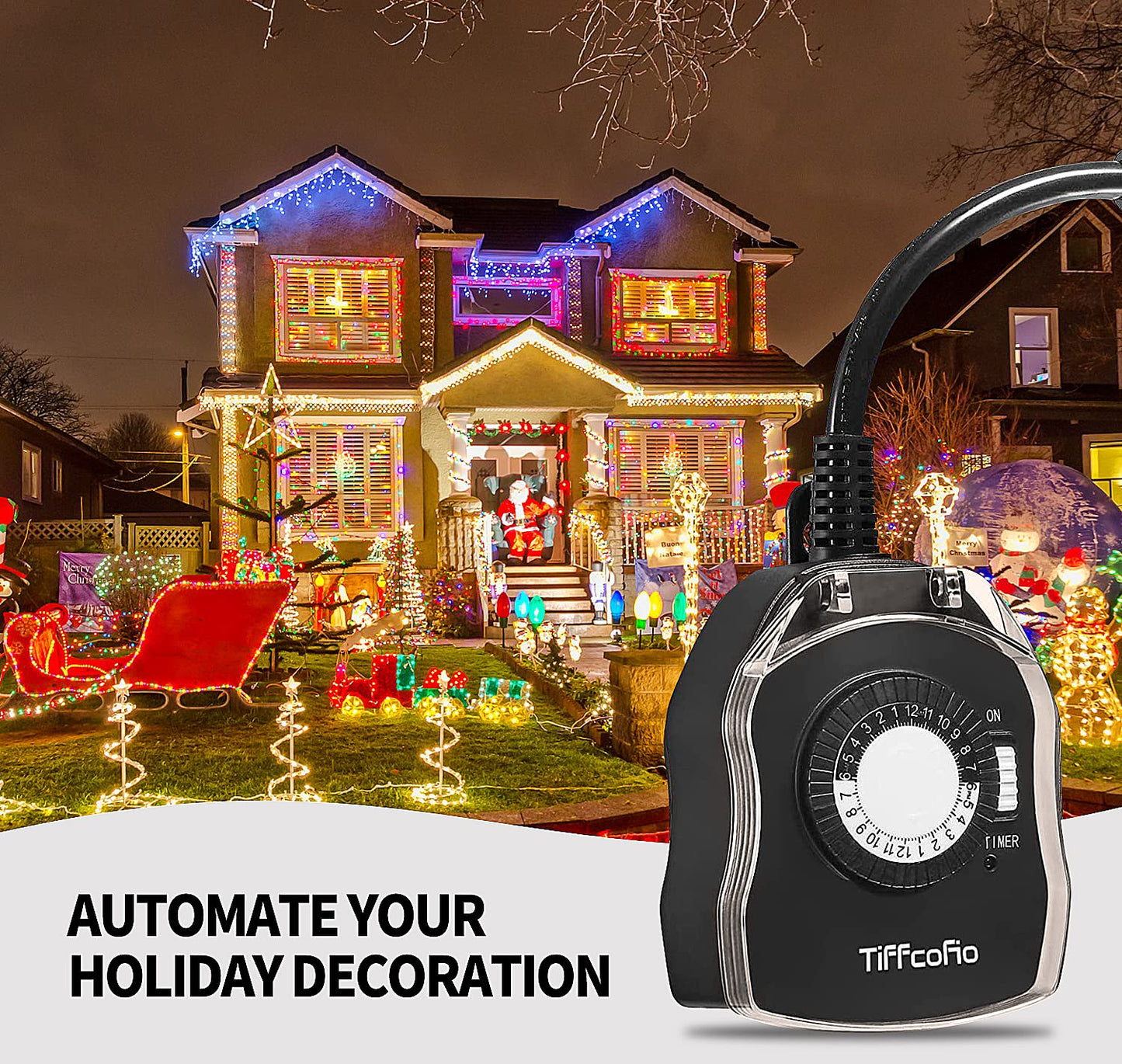 TiFFCOFiO Outdoor Timer Outlet for Lights, 24 Hour Mechanical, Outdoor Light Timer Waterproof, 2 Grounded Outlets for Home and Garden, 15A 1/2HP, Heavy Duty, CSA Listed (2 Pack)