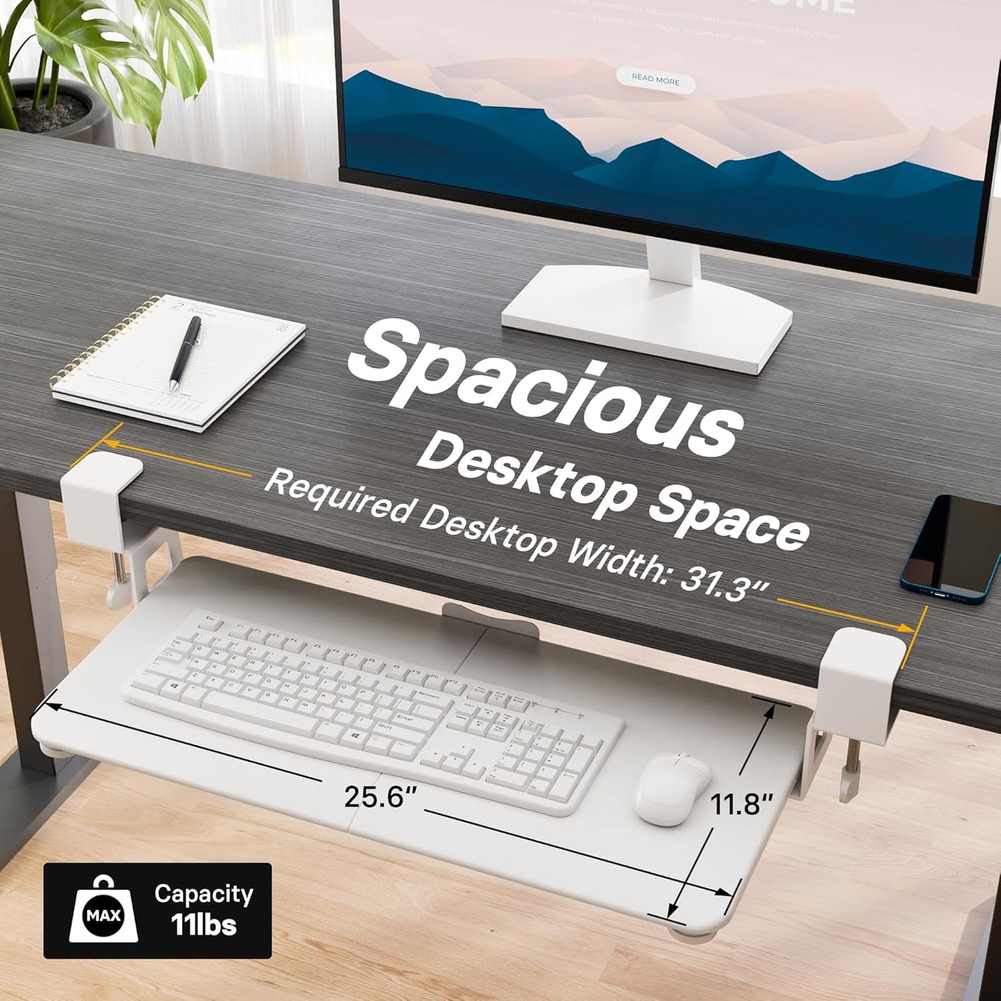 BONTEC KMT01 Under Desk Keyboard Tray, Pull-Out Keyboard & Mouse Platform with C-Clamp, 25.6 x 11.8 in Space-Saving Ergonomic Slide-Out Drawer, White
