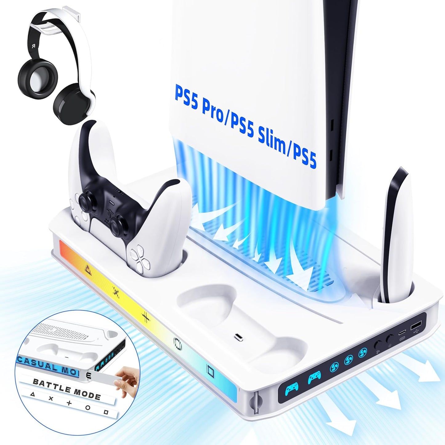 ZYTHRONE PS5/Pro/Slim Stand for Disc & Digital Console, PS5 Cooling Station with Dual Controller Charger for Playsation 5, RGB Light, Cooling Fan, Headset Holder,DIY