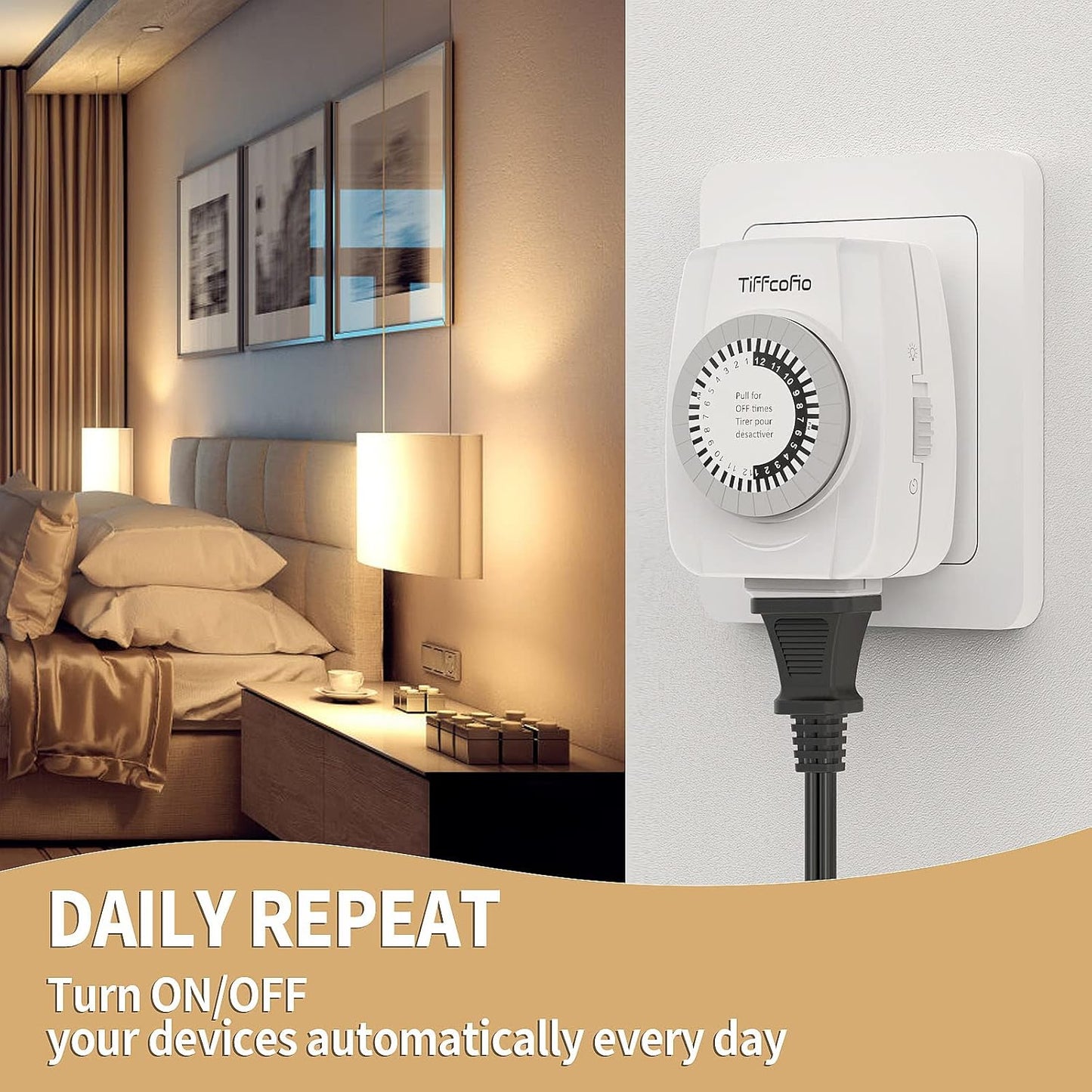 TiFFCOFiO Indoor Mechanical Timers for Electrical Outlets, 2 Prong Plug in Outlet Daily Repeating Light Timer for Indoor Lights, ETL Listed (1 Pack)