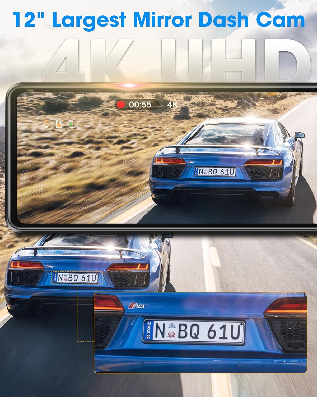 WiFi 4K Rear View Mirror Camera 12" Mirror Dash Cam Front and Rear w 64G TF Card WDR & HDR Night Vision Loop Recording 24H Parking Assistance Rear View Mirror Dash Cam 2160P