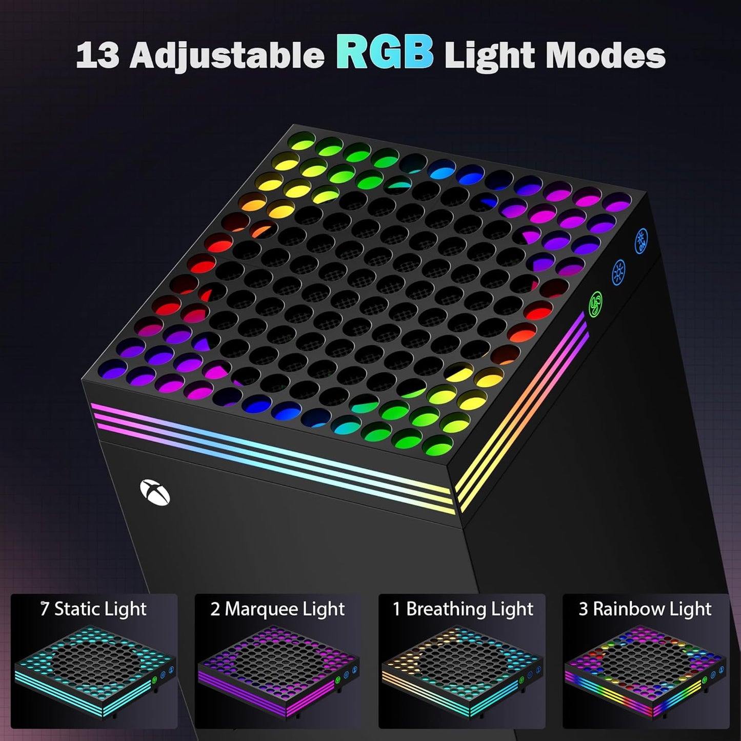 ZAONOOL Cooling Fan for Xbox Series X - High Speed Top Fan Cooler System with 13 RGB LED Light Modes, Low Noise, Dust Proof, Keeps Your Xbox Console Cool, Fits Horizontal or Vertical Placement, Black