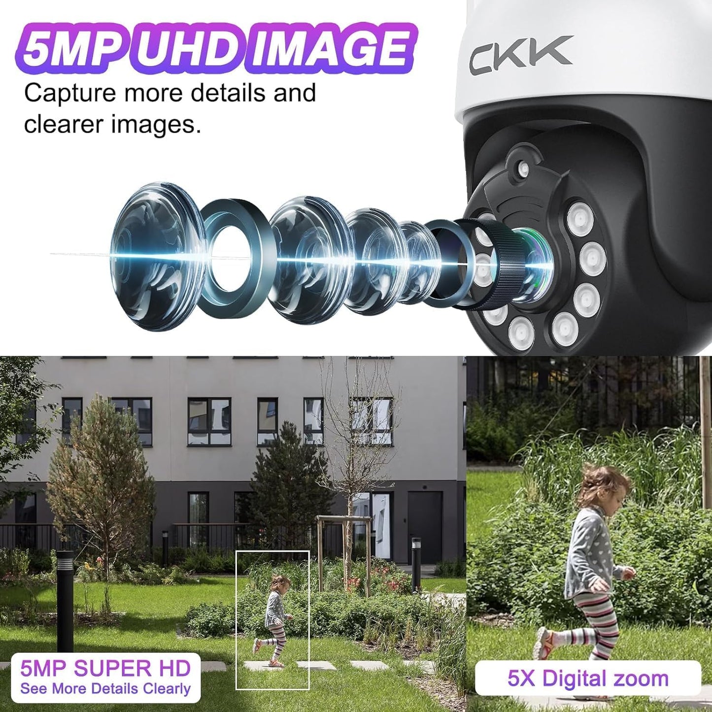 5MP PTZ Security System:CKK 4 PCS Wireless Cameras with 1TB HDD,10-Channel NVR,5G/2.4G WiFi, 2-Way Audio,4K Color Night Vision, Floodlights, Siren, AI Human Detection, Auto Tracking, 24/7 Surveillance