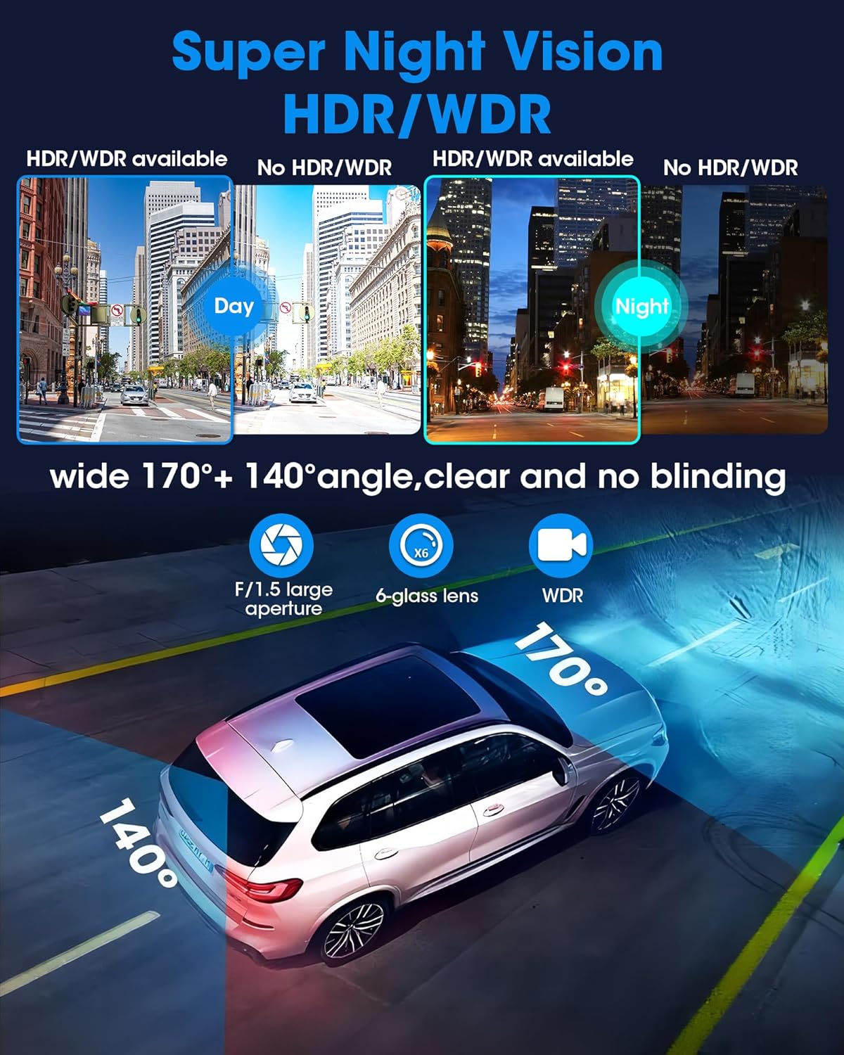 WiFi 4K Rear View Mirror Camera 12" Mirror Dash Cam Front and Rear w 64G TF Card WDR & HDR Night Vision Loop Recording 24H Parking Assistance Rear View Mirror Dash Cam 2160P