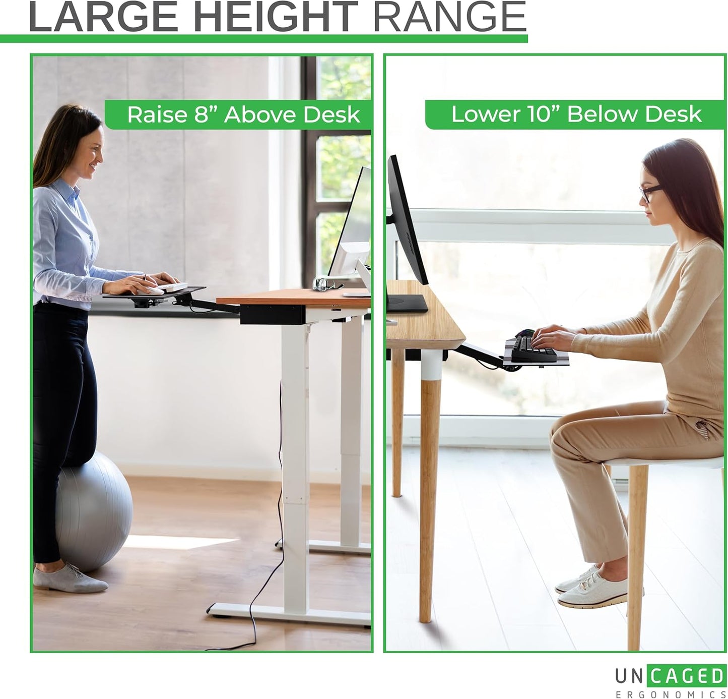 Uncaged Ergonomics KT2-b Under-Desk Adjustable Height & Angle Sit to Stand Up Keyboard Tray with negative tilt Best standing desk computer keyboard holder drawer