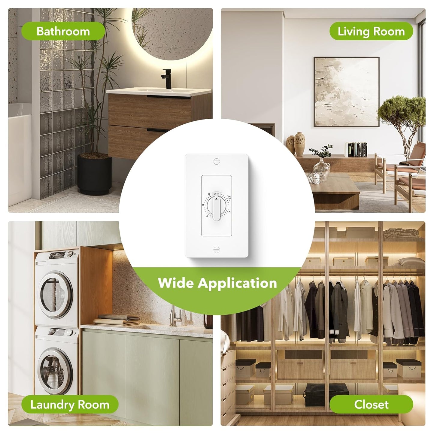 HBN 60 Minute Spring Wound Countdown Timer Switch for Bathroom Exhaust Fan, in-Wall Mechanical Light Switch Timer, No Neutral Required, Wall Plate Included, ETL Listed