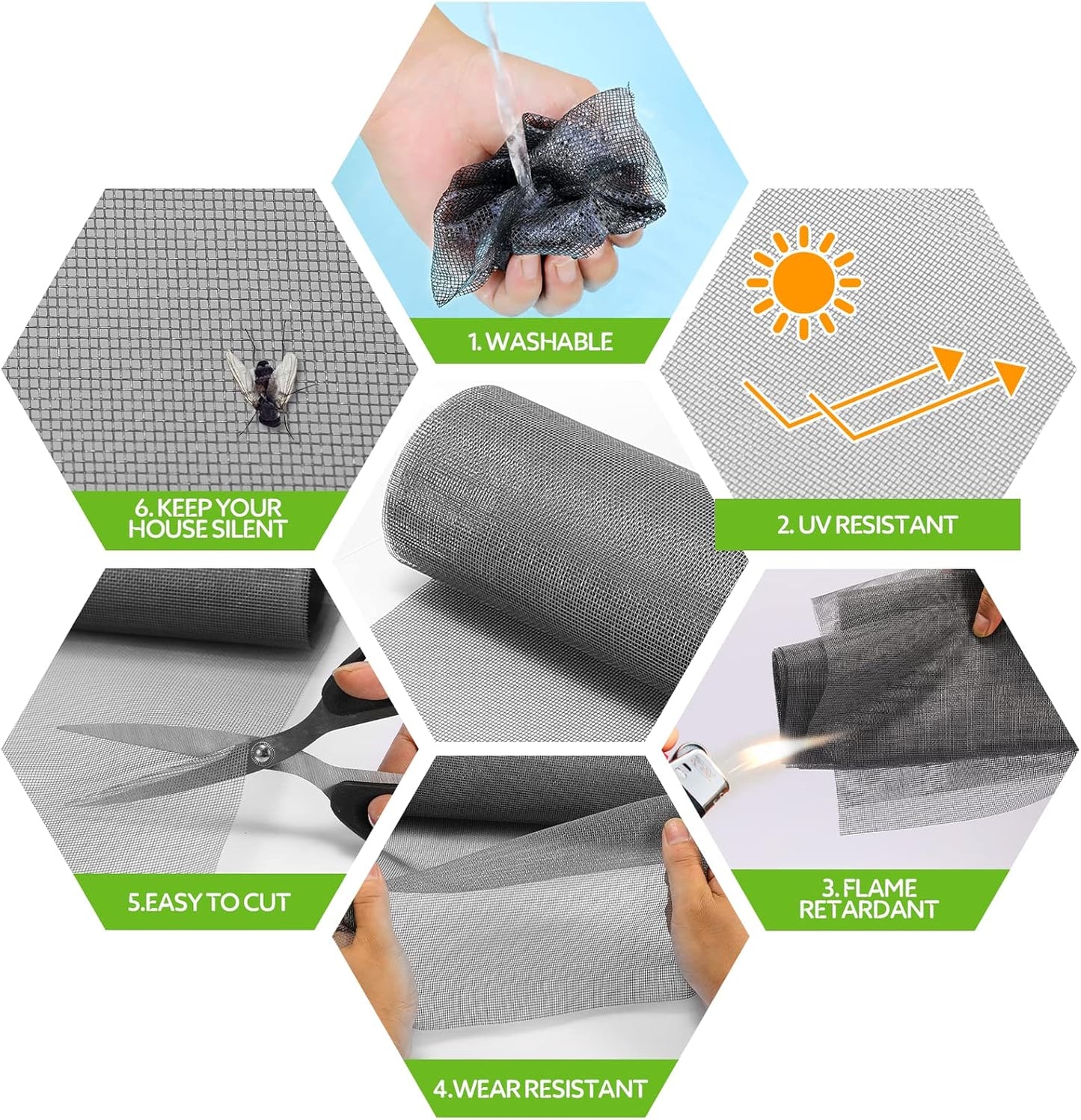 FLYZZZ Window Screen Door Repair Kit, 48"x118" Fiberglass Mesh Replacement with Roller Tool/Hook/Spline/Cutter/Clips/Ruler, 7-in-1 Sliding Patio Door & Screen Door Repair Kit, Gray