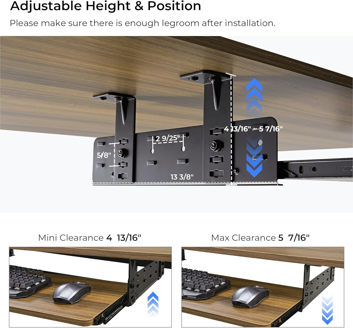 EUREKA ERGONOMIC Adjustable Keyboard Tray Under Desk, 28x11 Inch Large Slide Out Keyboard & Mouse Platform Tray, Wooden Pull Out Computer Keyboard Drawer for Typing Home Office Desk, Walnut