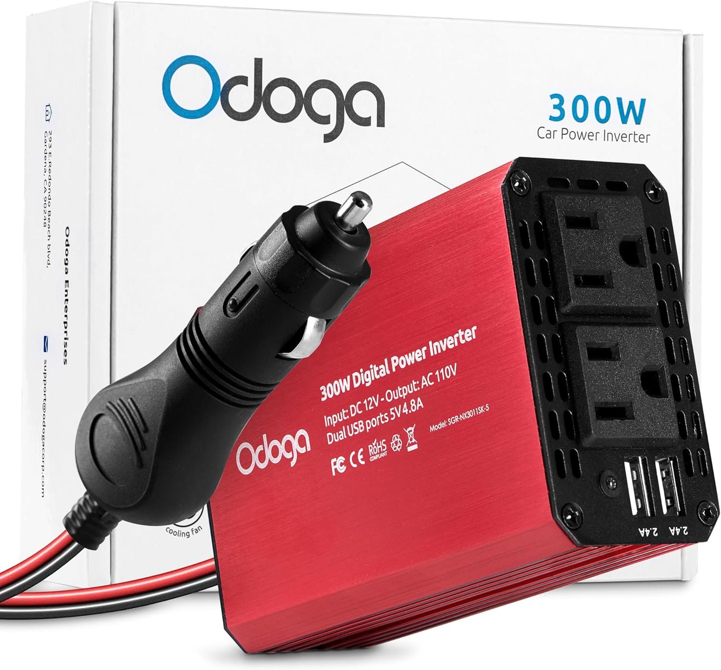 300W Car Power Inverter 12v DC to 110v AC – Car Adapter for Plug Outlet, DC to AC Converter, 4.8A Dual USB by Odoga