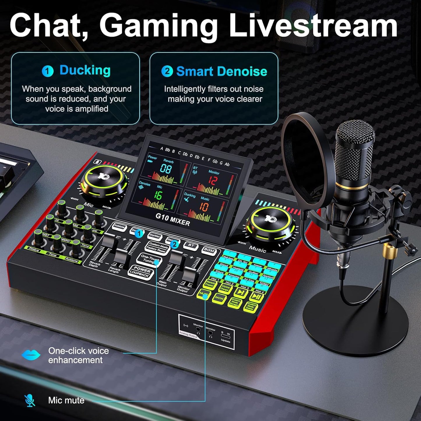 Podcast Microphone Bundle with Live Sound Card Audio Mixer, Podcast Equipment Bundle with 3.5mm Condenser Microphone for Pc/Phone Live Streaming Singing Gaming, Sound Board with Voice Changer, Denoise