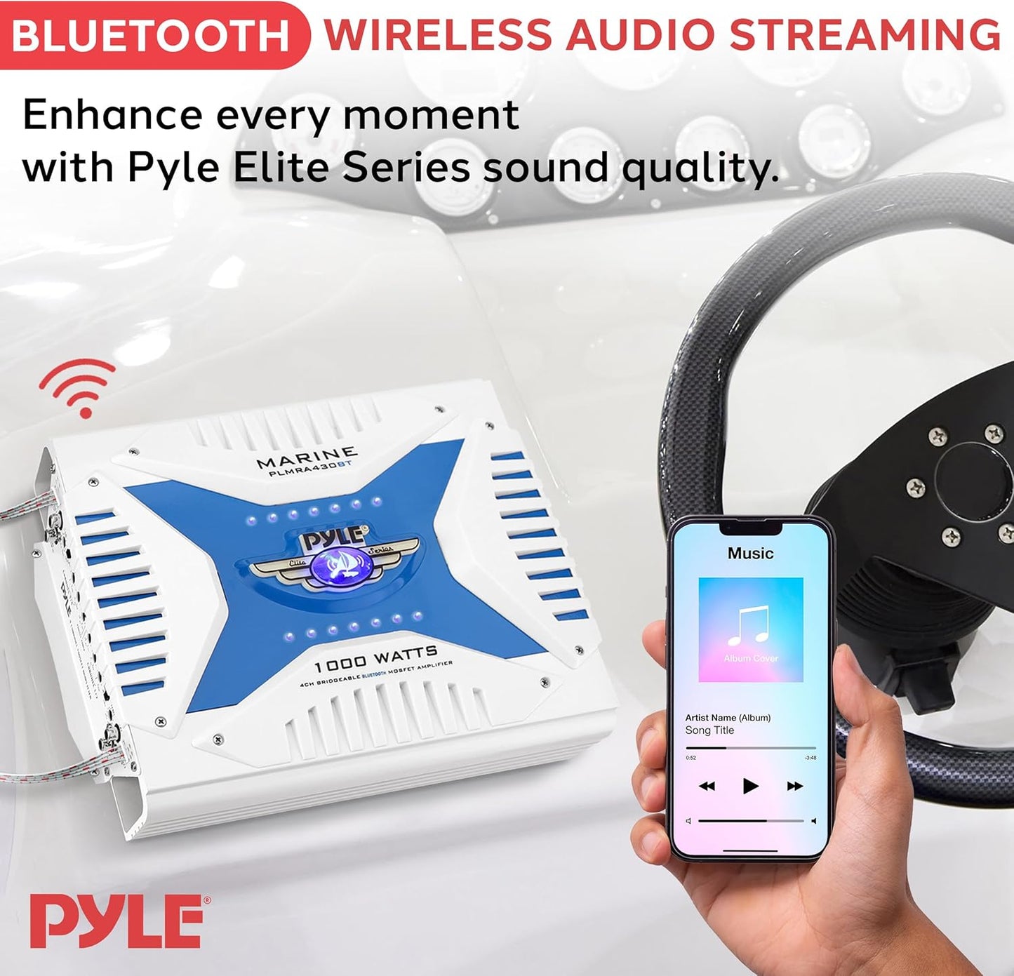 Pyle Hydra Marine Amplifier - Upgraded Elite Series 3000 Watt 8 Channel Bridgeable Amp Tri-Mode Configurable, Waterproof, MOSFET Power Supply, GAIN Level Controls and RCA Stereo Input - PLMRA830BT
