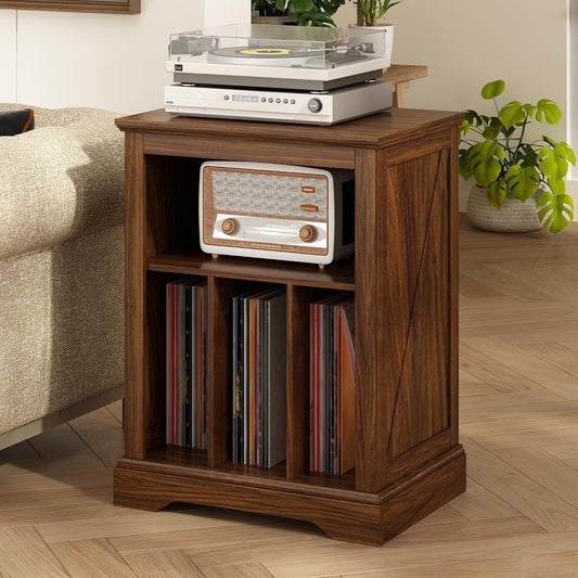 Farmhouse Record Player Stand, 3 Tier End Table, Turntable Stand with Vinyl Record Storage ,Wood Record Holder Cabinet Dispaly Shelf for Living Room,Bedroom,Rustic Brown