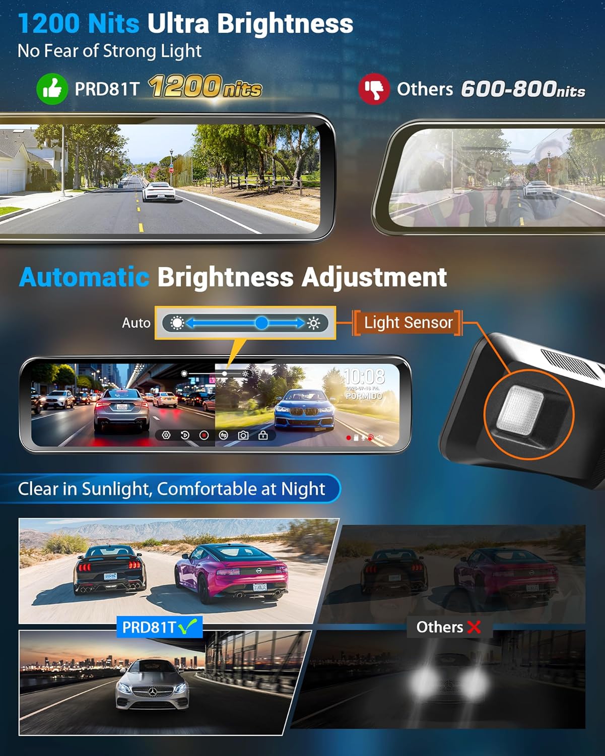 PORMIDO OEM Rear View Mirror Camera with Auto-Brightness, 11" Mirror Dash Cam with 2K Ultra-Bright Touchscreen, Detached Front Backup Rearview Zoom Built-in GPS Night Vision 64GB Card Parking Monitor