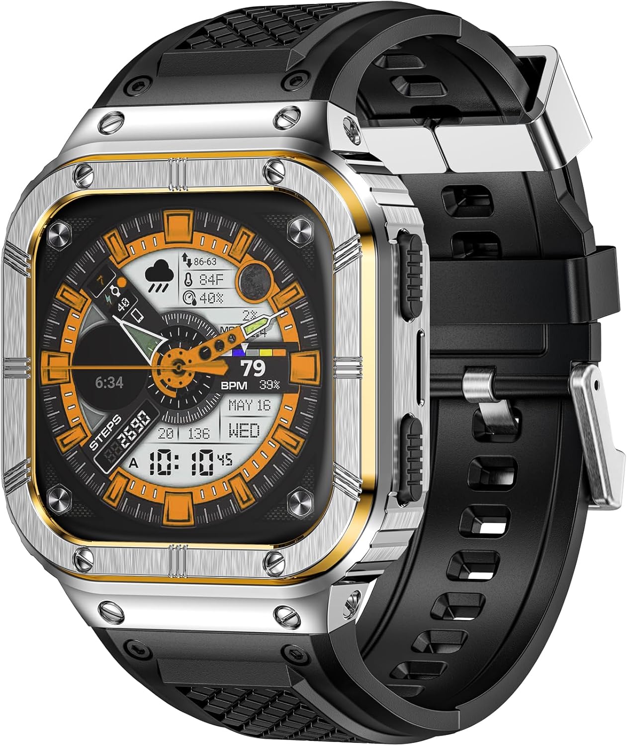 MioHHR Stainless Steel Case and Band Compatible with Fitbit Versa 4/3/2/Lite/Sense/Sense 2 Bands with Metal Case, Rugged Sports Protector Cover Silicone Wristbands for Men, Silver/Gold