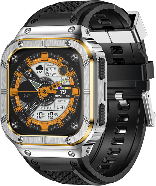 MioHHR Stainless Steel Case and Band Compatible with Fitbit Versa 4/3/2/Lite/Sense/Sense 2 Bands with Metal Case, Rugged Sports Protector Cover Silicone Wristbands for Men, Silver/Gold