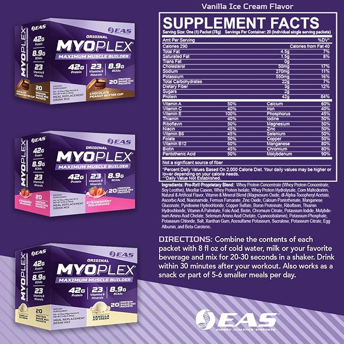 Experimental & Applied Sciences EAS Original Myoplex Maximum Muscle Builder|Meal Replacement Protein Drink Mix|Quality Protein Blend |42g Protein | 20 Individual Packets (Chocolate Peanut Butter Cup)