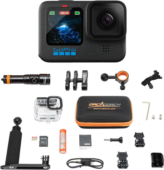 GoPro HERO12 Waterproof Action Camera Dive Kit with 5.3K60 UHD Video, 27MP HDR Photos - Bundle with Protective Housing, Video Light Pack, Camera Tray, Double Clip, 64GB microSD Card
