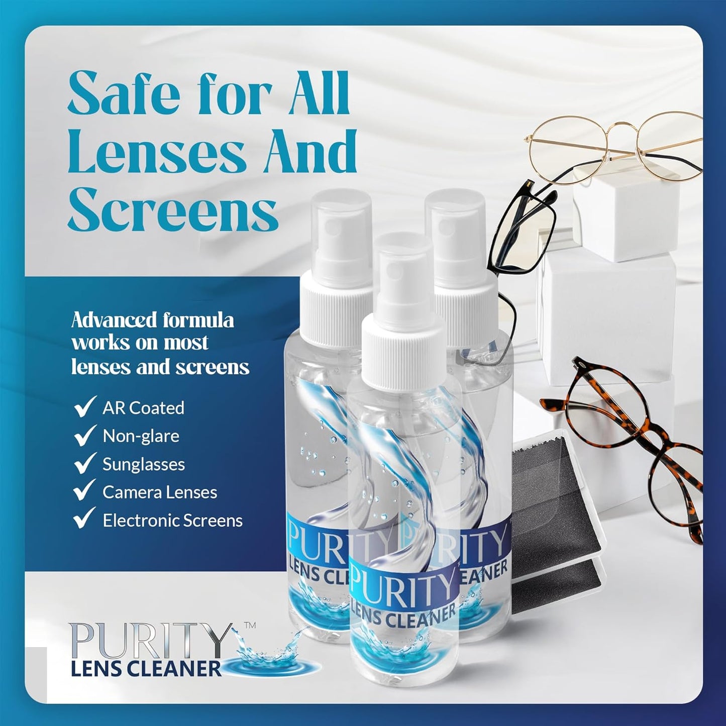 Purity Eyeglass Lens Cleaner Spray Kit - 3 x 8oz Lens Cleaner Spray Bottle + 2 Microfiber Cloth for Cleaning - Safe for All Lenses (AR Coated Included), Eyeglasses and Screens