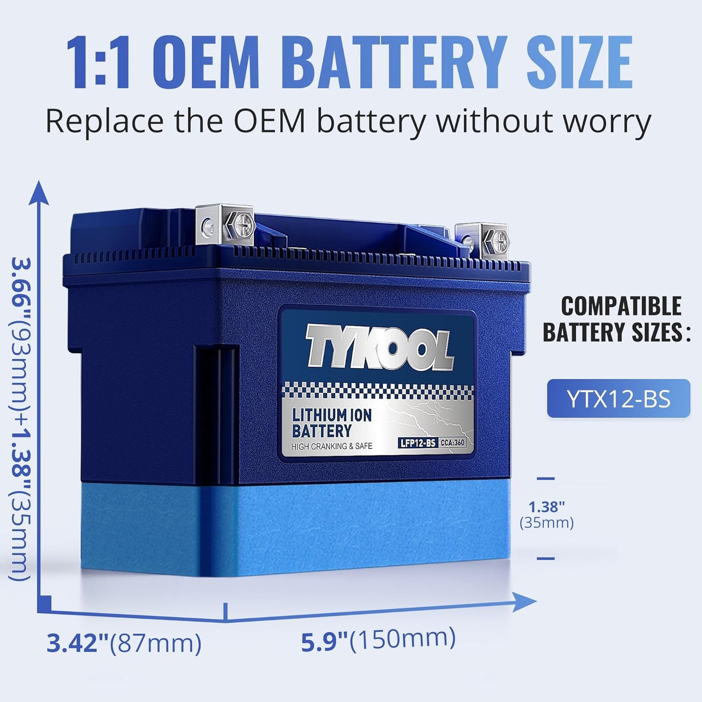 YTX12-BS High Performance LiFePO4 Lithium Motorcycle Battery,360CCA,12V 6Ah,Digital Readout,Fits for Honda TRX250 Recon,Suzuki LT-F250 Ozark,BRP (CAN-AM) DS250 ATV,Polaris RZR UTV,Vespa 300cc Scooter