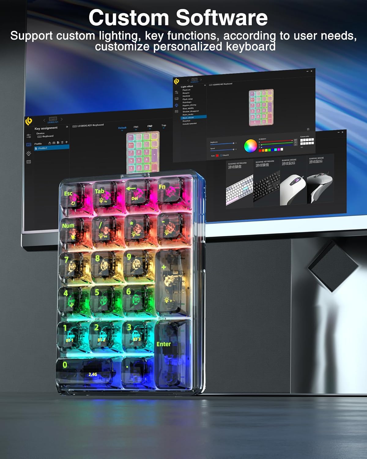 SOLAKAKA K21 RGB Backlit Tri-Mode Transparent Wireless Mechanical Number Pad Supports 3 BT/2.4GHz/Type C Wired,Hot Swappable 21 Keys Mechanical Numpad with Transparent Keycaps Black