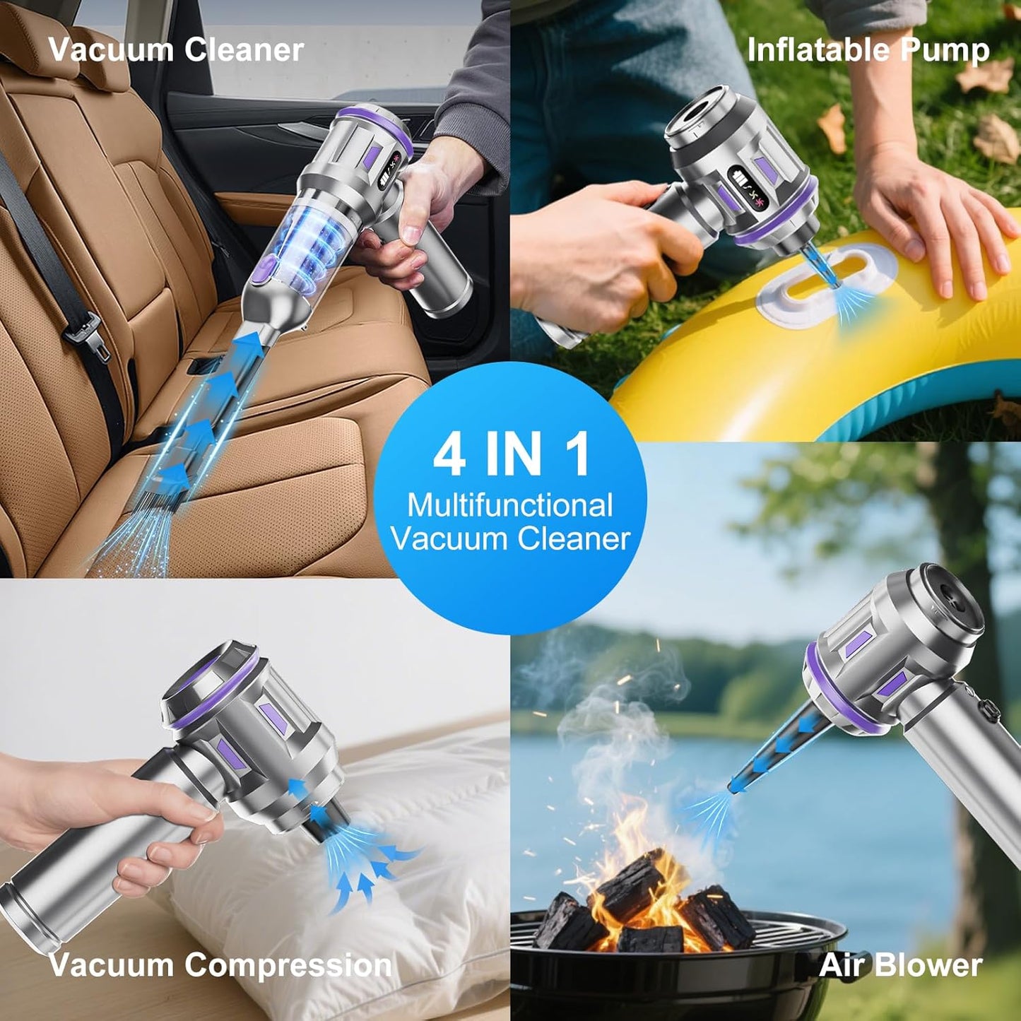Car Vacuum Portable Cordless, 18000pa Mini Vacuum Cleaner, 4 in 1 Handheld Vacuum Cordless Rechargeable, 120W High Power Hand Held Vacuum Cleaner With LED Light Multi-nozzles for Car Home Office Pet