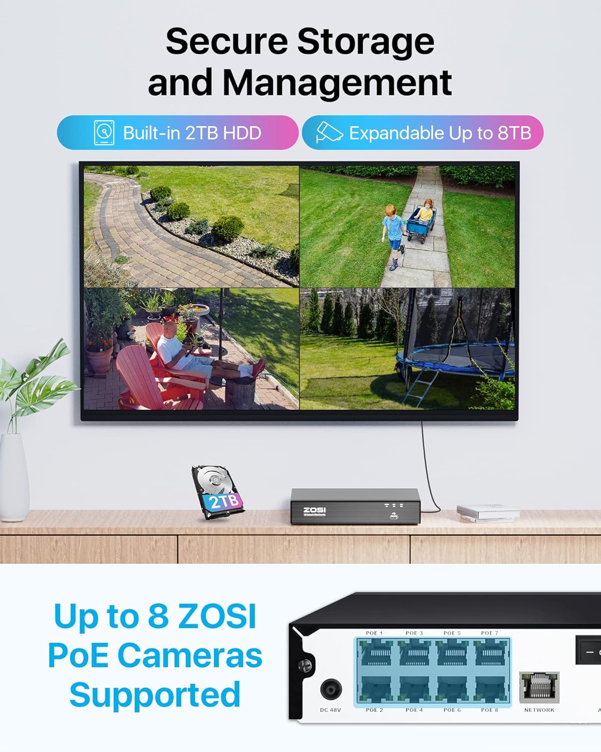 ZOSI 4K PoE Security Camera System with AI Face Person Vehicle Detection, 4 x 5MP 3K Outdoor Auto Tracking PT PoE Camera with 5X Digital Zoom, 2-Way Audio, 8CH 8MP NVR with 2TB HDD (16CH Expandable)