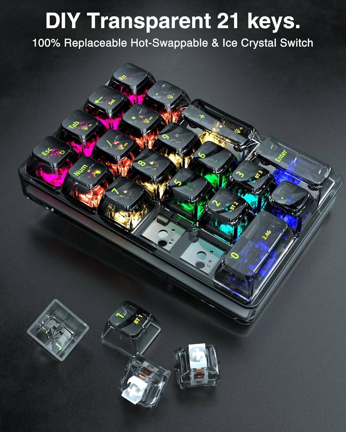 SOLAKAKA K21 RGB Backlit Tri-Mode Transparent Wireless Mechanical Number Pad Supports 3 BT/2.4GHz/Type C Wired,Hot Swappable 21 Keys Mechanical Numpad with Transparent Keycaps Black