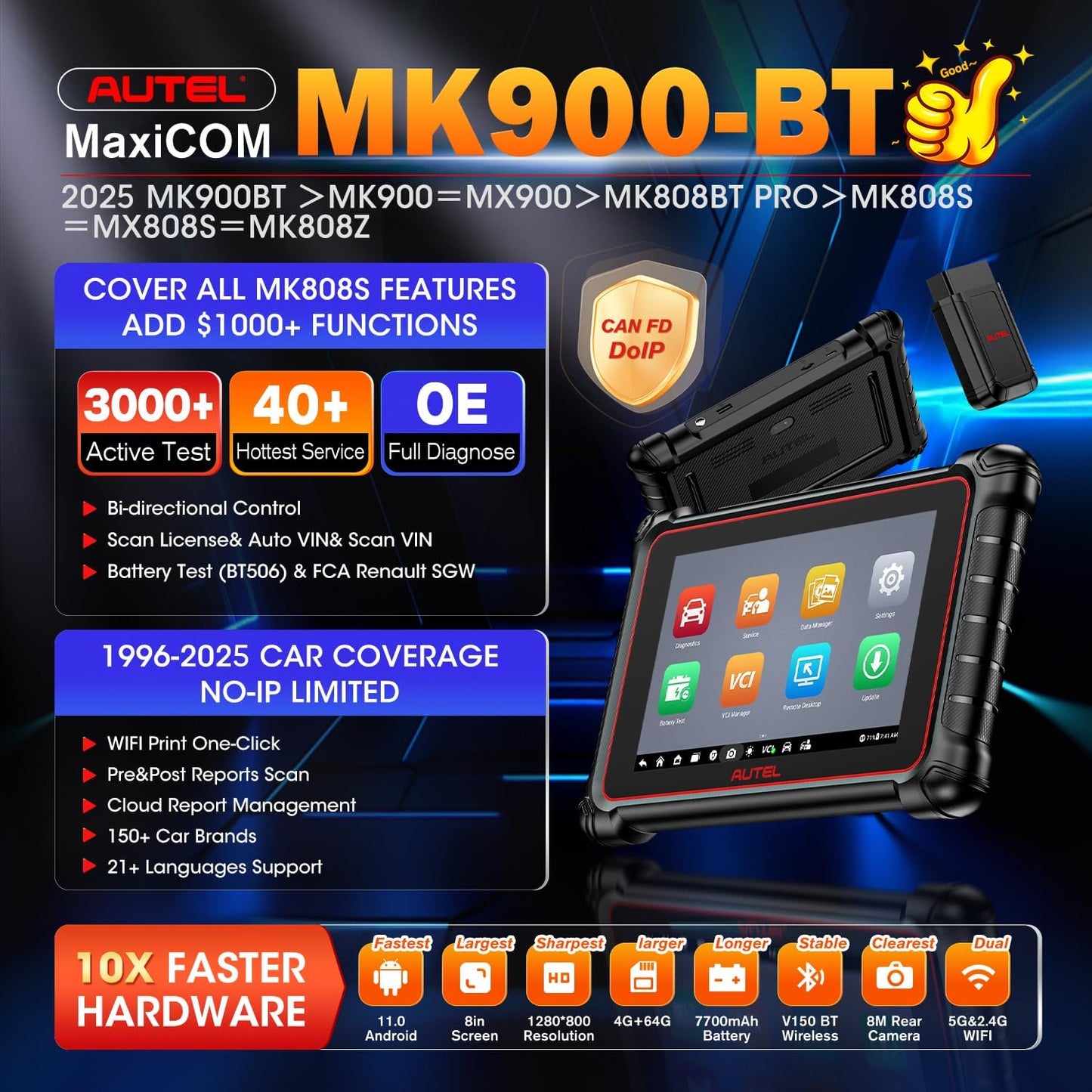 Autel Scanner MaxiCOM MK900BT, 2025 MK900-BT V2.0 Bidirectional Diagnostic Tool, 8in Up of MK900 MX900 MK808S MK808BT MX808S MK808Z, 3000+ Active Tests, 40+ Service, CAN-FD&DOIP, All System, FCA 11 OS