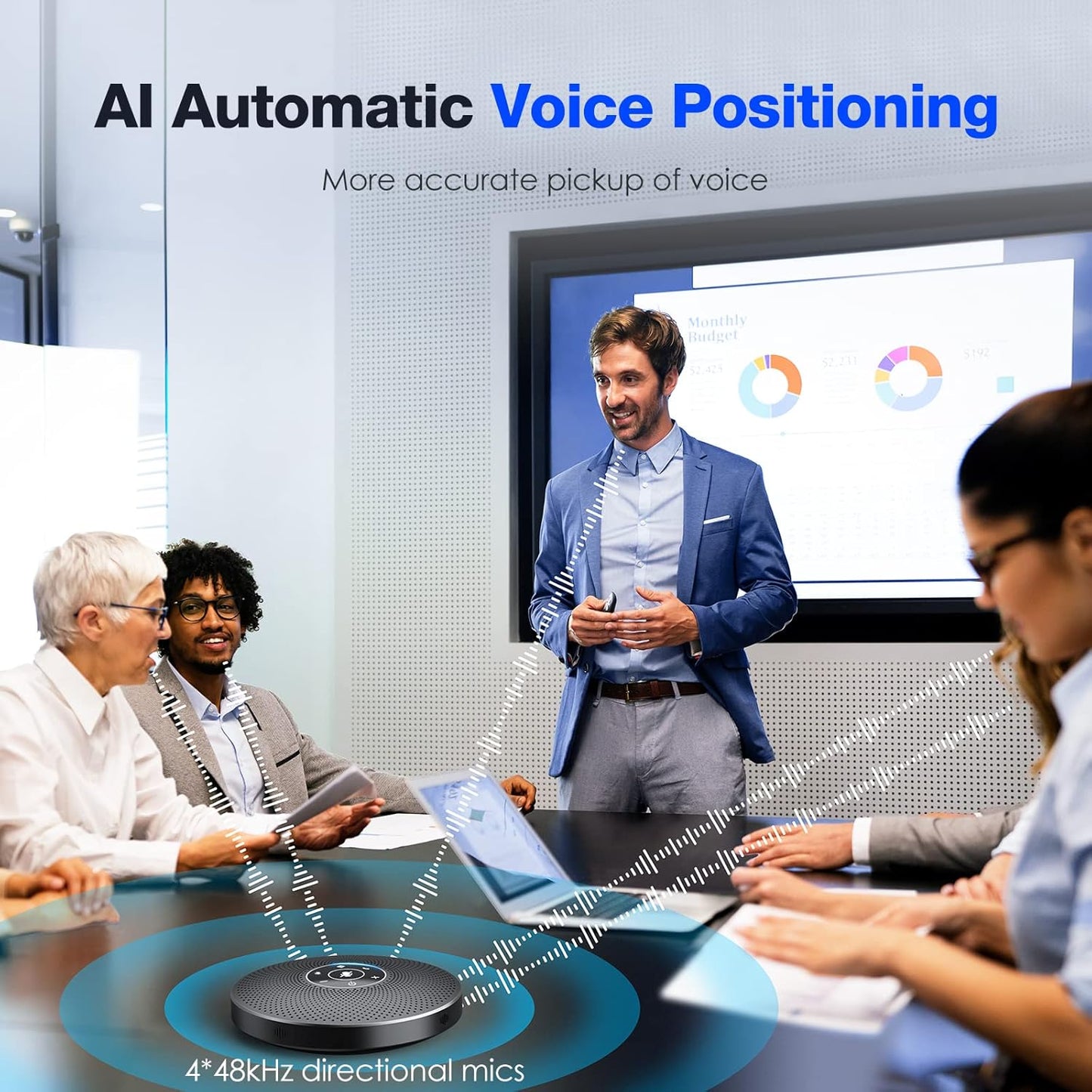 Bluetooth Speakerphone - eMeet M2 Max Professional Conference Speaker and 4 Directional Mics for up to 15 People Business Conference Calls High Volume Noise Reduction Daisy Chain Dongle Home Office