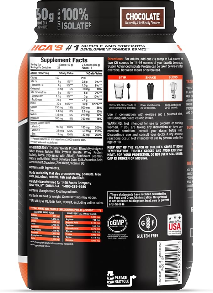 Body Fortress Super Advanced Whey Protein Isolate Powder, Great for Meal Replacement Shakes, Low Carb, Gluten Free, Chocolate, 3 lbs