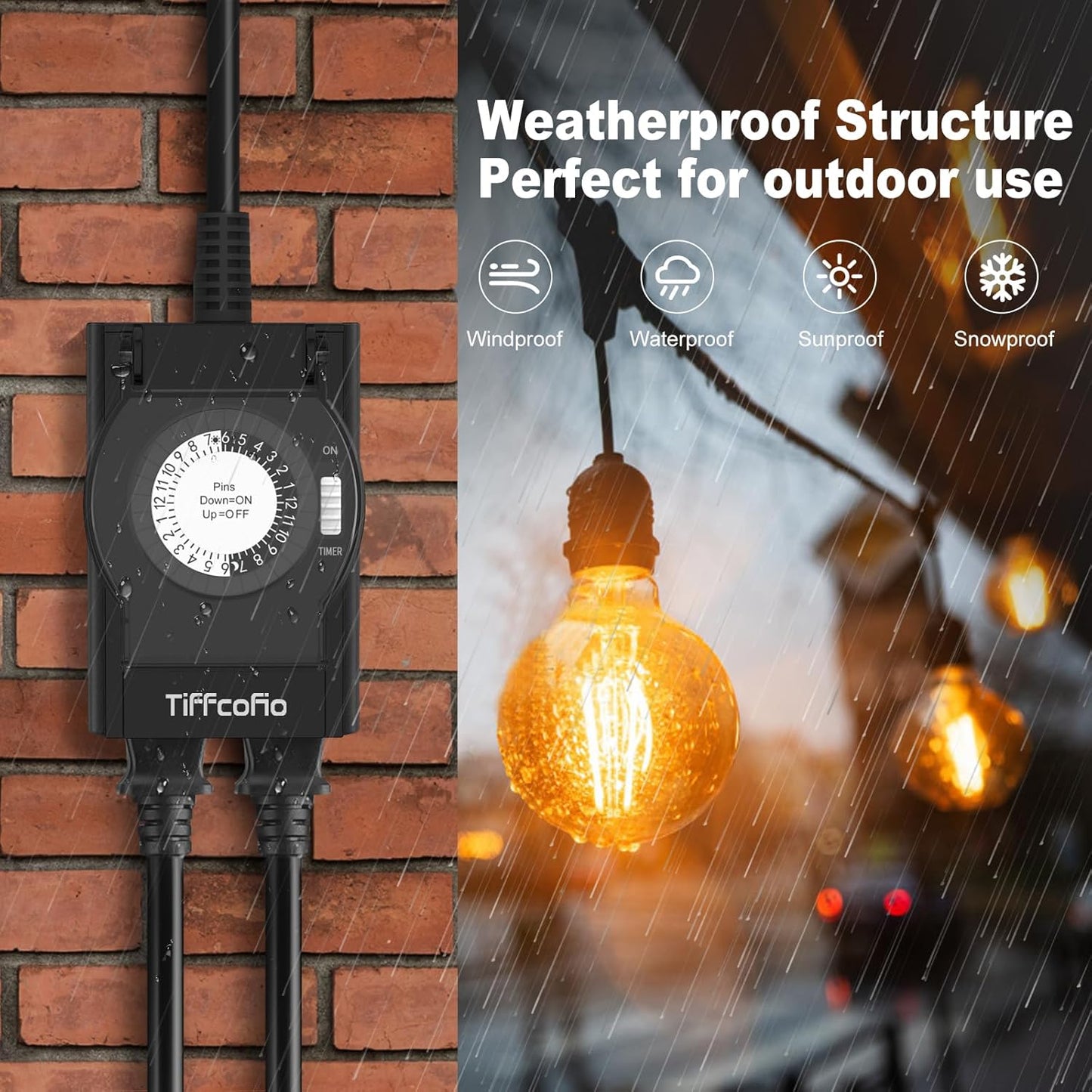 Outdoor Timer Outlet Waterproof, 24 Hour Mechanical Light Timer Outdoor, 2 Grounded Outlets for Home and Garden, 15A 1/2HP, Heavy Duty, ETL Listed (1 Pack)