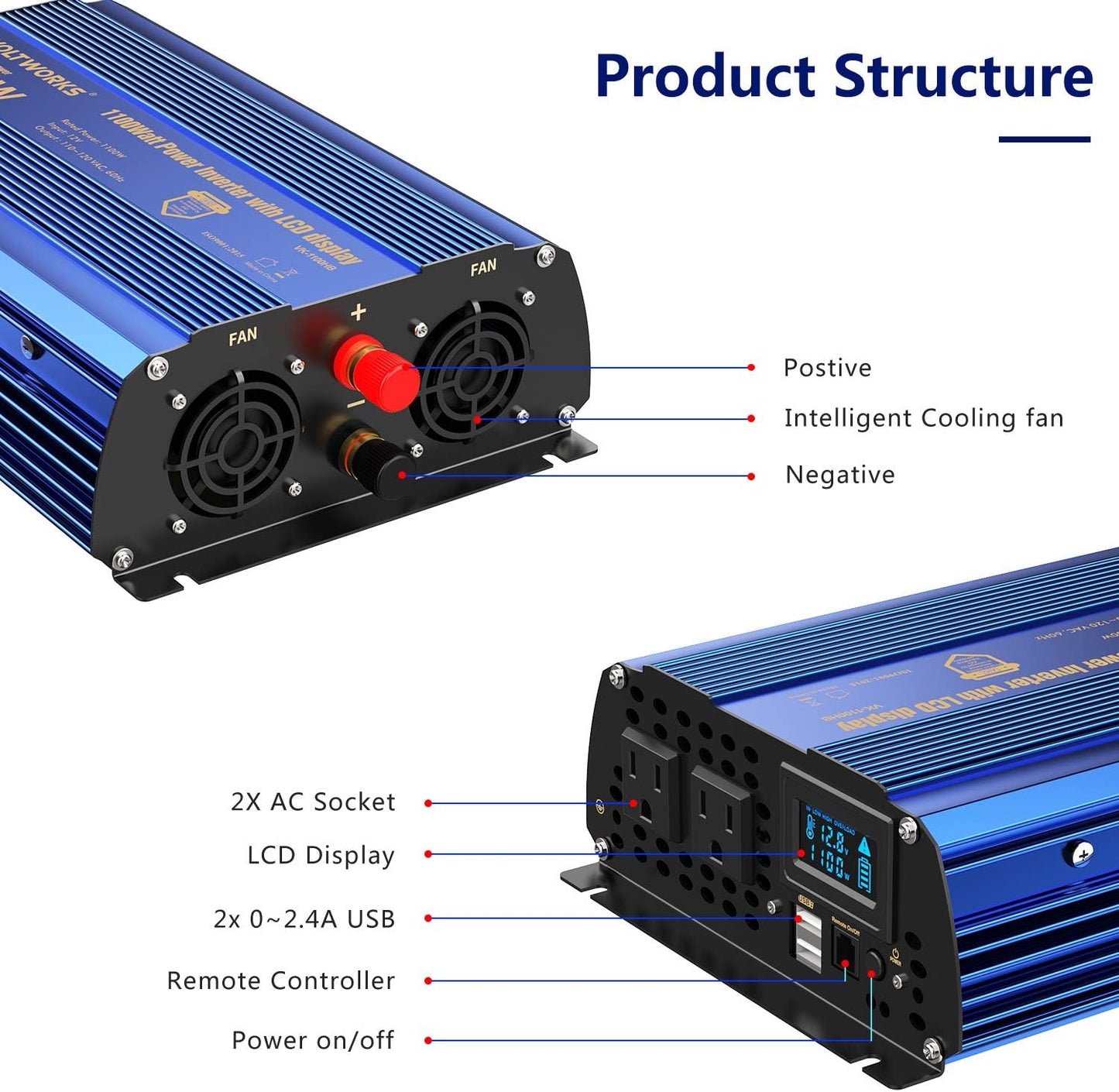 Power Inverter 1100 watt 12V DC to 110V 120V AC 1000w Inverter with LCD Display Remote Control 2AC Outlets Dual 2.4A USB Ports Compatible with Lithium Battery for Car RV Truck Boat by VOLTWORKS