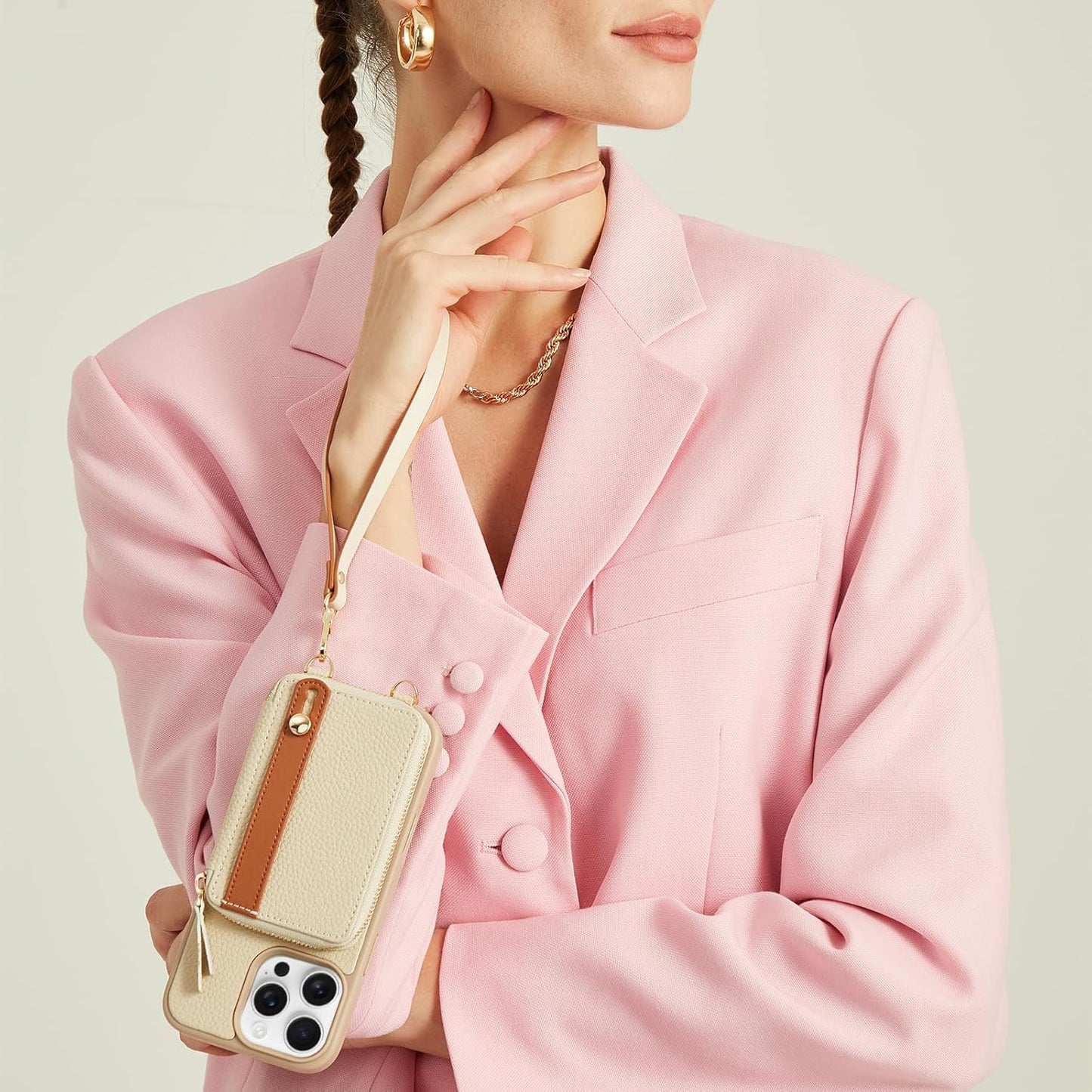 LAMEEKU for iPhone 14 Pro Max Wallet Case with Card Holder, Zipper Leather Crossbody Case with Kickstand Lanyard for Women, Cover with Phone Grip Holder Stand for Apple iPhone 14 Pro Max 6.7" Beige