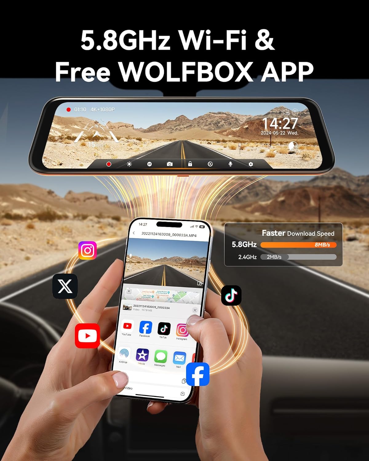 WOLFBOX 12" 4K Rear View Mirror Camera with 5.8GHz WiFi and Voice Control, Smart Mirror Dash Cam Front and Rear, Backup Camera with 1080P Rear Camera, Dash Cam with WDR, Includes 64GB Card & GPS