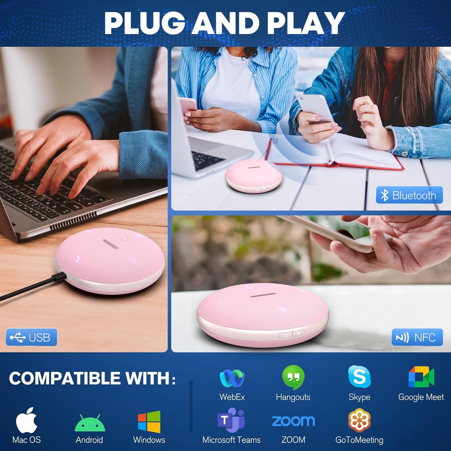 M4 Bluetooth Speakerphone Conference Speaker and Microphone with AI Noise Reduction GPT Transcription Speakers for Computer Desktop 360° Voice Pickup at Home Office for Teams/Zoom, Pink