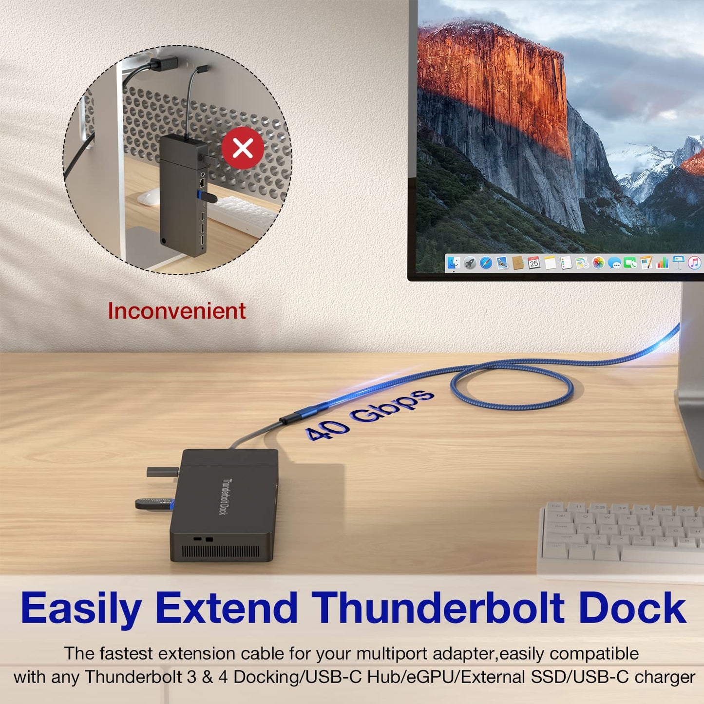 USB4 Extension Cable 2.62Ft, Thunderbolt 3 & 4 Extension Cable, USB C 4.0 Support PD 100W 20V5A, 40Gbps Transfer, 8K@60Hz, 6K/4K@60Hz Video for Dell/HP/Anker Dock, MacBook, iMac, Dell XPS, Intel NUC