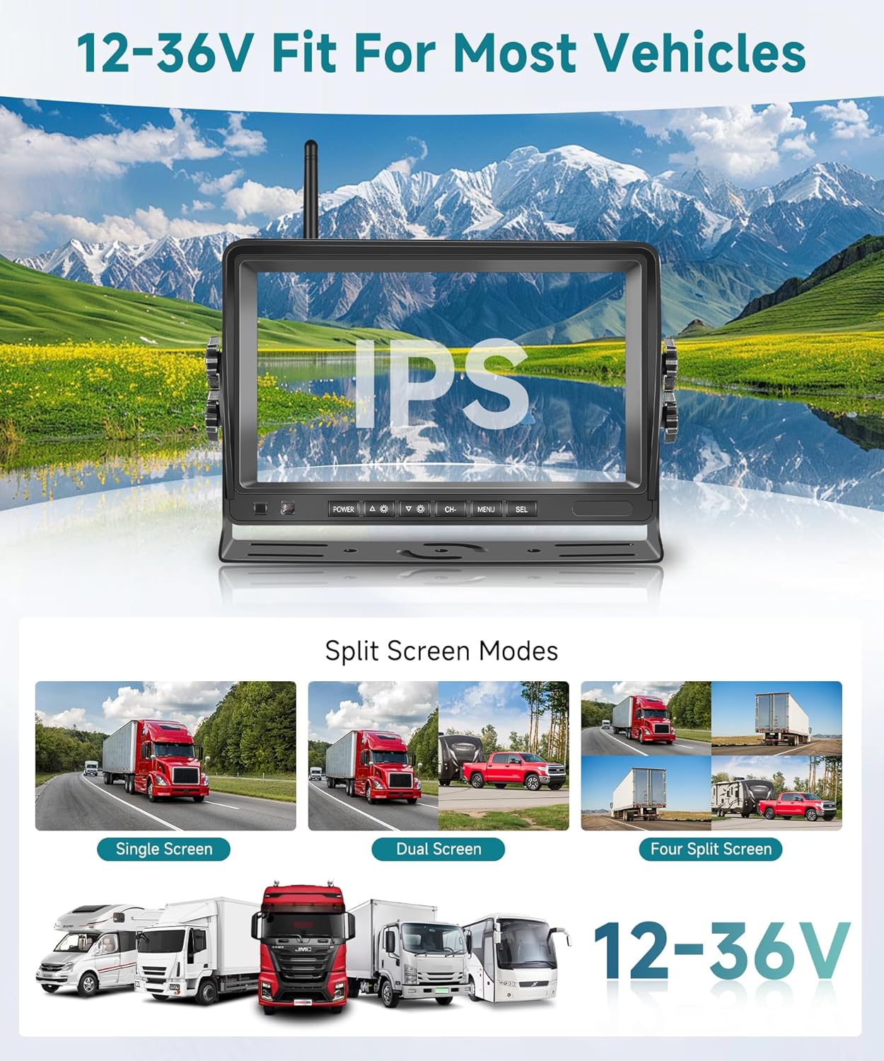 Wireless Backup Camera for RV, 7" IPS Monitor Kit+ 2 AHD Rear View Camera Waterproof Night Vision DVR Recording, Wireless Reverse Camera 12V-36V for Truck/Trailer/RV/Camper/Excavator/Caravan