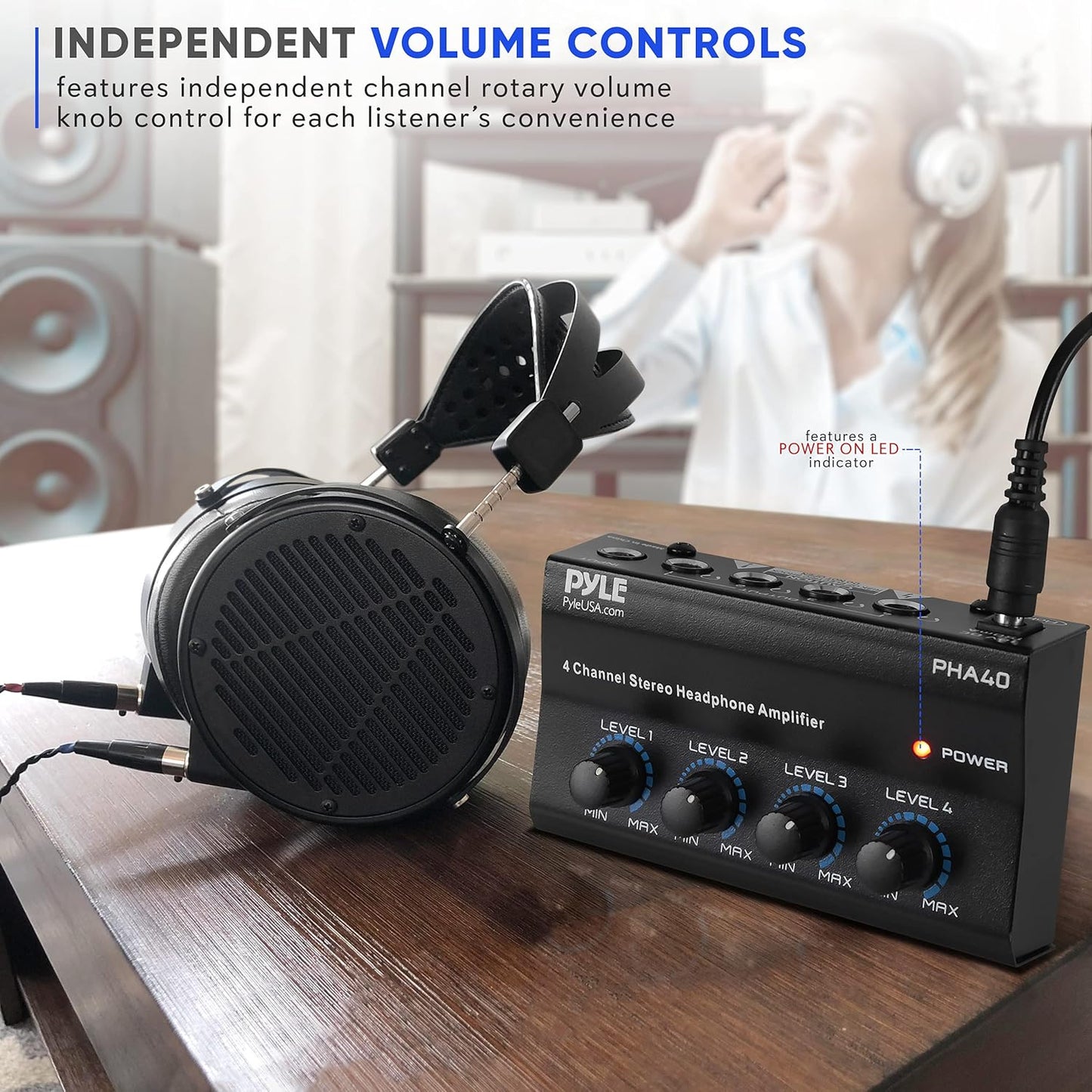 Pyle 4-Channel Portable Stereo Headphone Amplifier - Professional Multi Channel Mini Earphone Splitter Amp w/ 4 ¼” Balanced TRS Headphones Output Jack and 1/4" TRS Audio Input For Sound Mixer