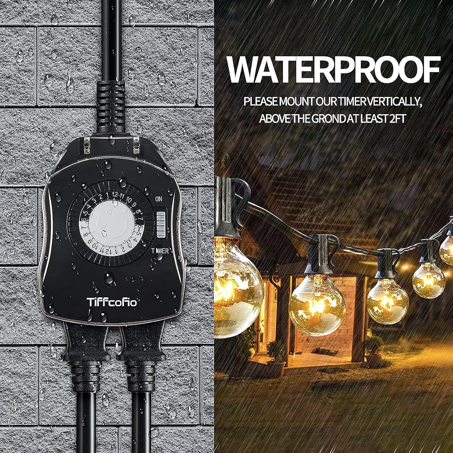 TiFFCOFiO Outdoor Timer Outlet for Lights, 24 Hour Mechanical, Outdoor Light Timer Waterproof, 2 Grounded Outlets for Home and Garden, 15A 1/2HP, Heavy Duty, CSA Listed (2 Pack)