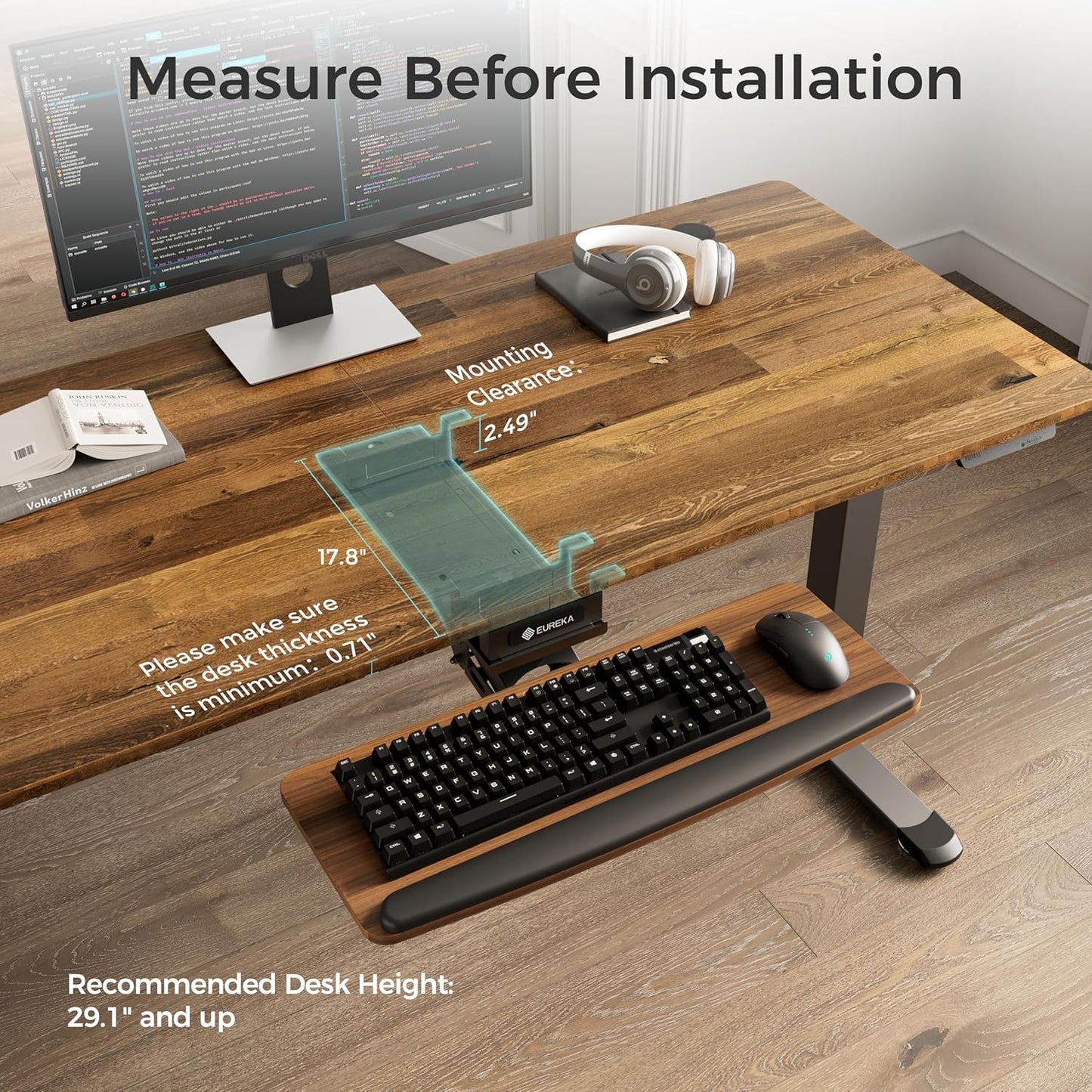 EUREKA ERGONOMIC Keyboard Tray Height Adjustable, Swivel Tilt Computer Keyboard Drawer Under Desk, 25x9.13'' Sliding Keyboard & Mouse Platform with Mouse Pad for Typing, Walnut