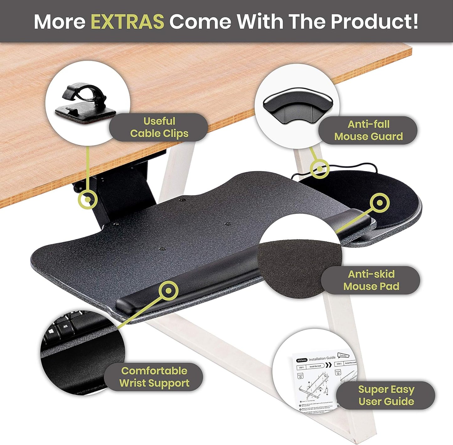 Under Desk Keyboard Tray, 20" x 11" Tray, 17.75" Track, One Knob Control, Undermount Sliding Computer Keyboard and Mouse Tray with Wrist Rest, Swivels 360° with Adjustable Height and ±15° Tilt