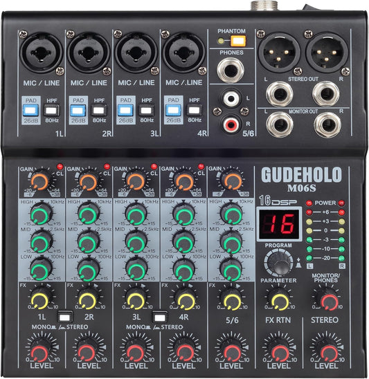 6-Channel Professional DJ Audio Mixer, DJ Controller Sound Mixer DSP 16 Preset Effects, Ideal for Home Party