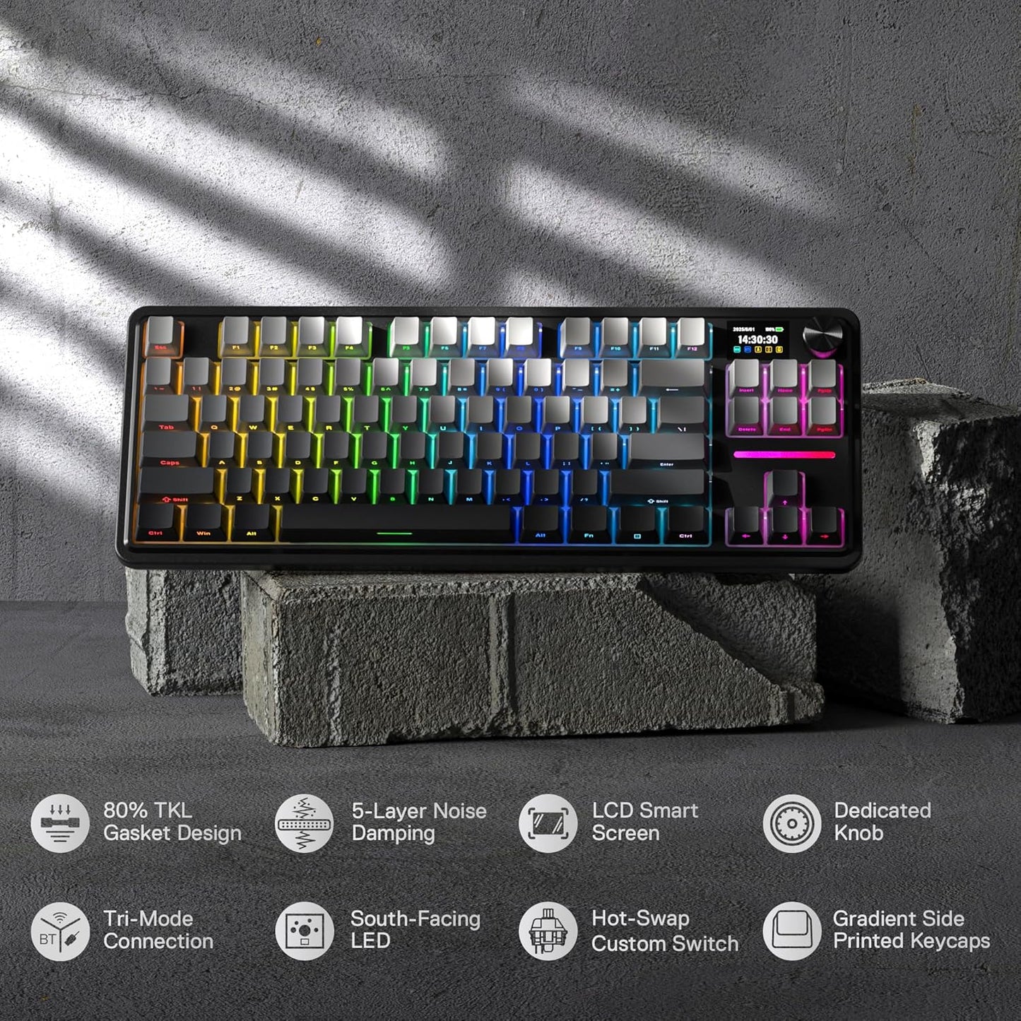 Redragon K743 PRO GB 80% Gasket RGB Gaming Keyboard w/Hype 1.14’’ TFT Screen & Knob, 84 Keys Mechanical Keyboard, 5-Layer Noise Dampening, Hot-Swap South-Facing RGB Socket, Gradient PBT Keycaps