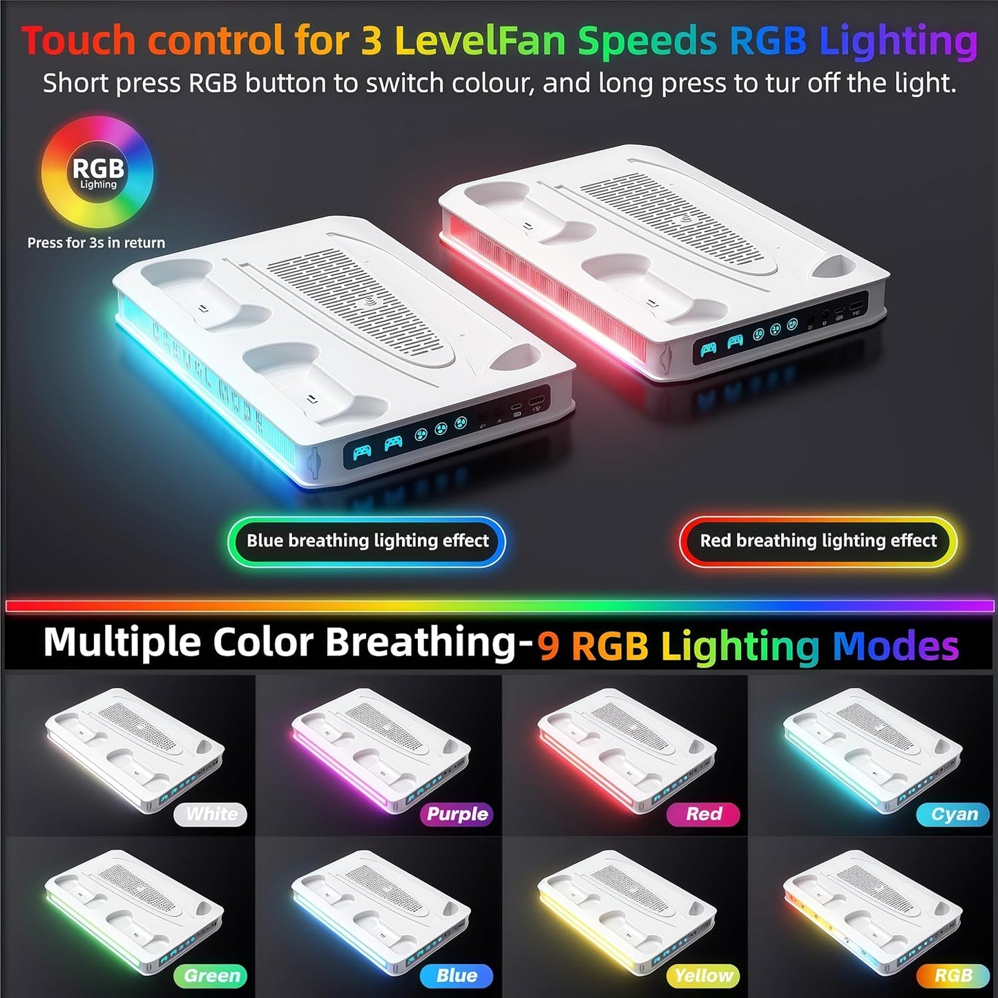 ZYTHRONE PS5/Pro/Slim Stand for Disc & Digital Console, PS5 Cooling Station with Dual Controller Charger for Playsation 5, RGB Light, Cooling Fan, Headset Holder,DIY