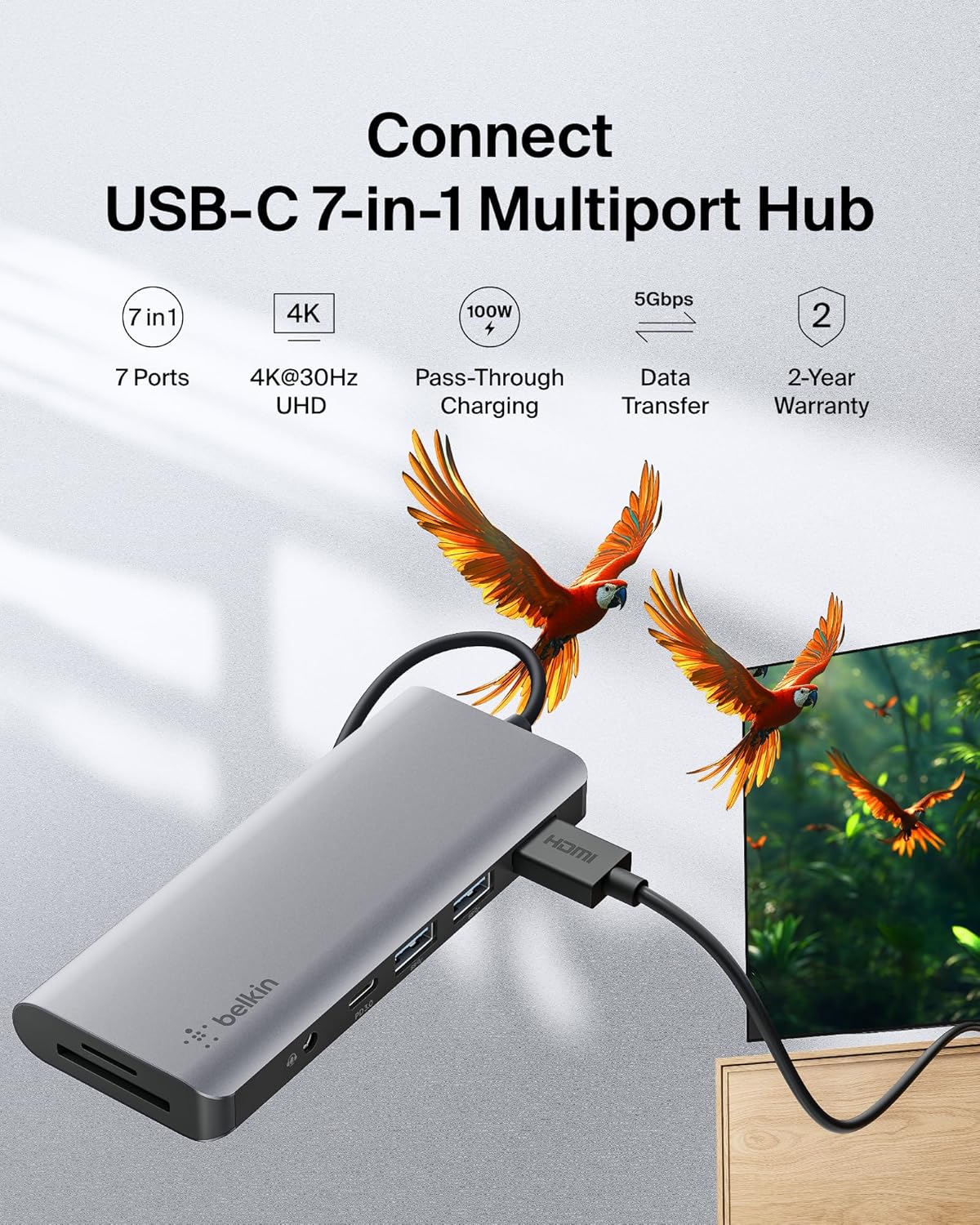 Belkin USB-C Hub, 7-in-1 MultiPort Docking Station for MacBook & Windows - 85W USB-C Power Delivery 3.0, 4K HDMI 1.4, 2x USB-A 3.0, SD 3.0, Micro SD 3.0, & 3.5mm Audio Jack