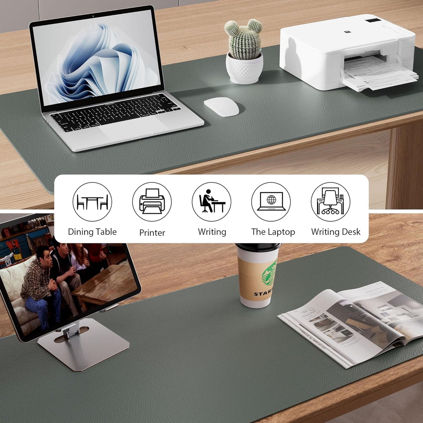 Aothia Leather Desk Protector, Mouse Mat, Non-Slip PU Leather Blotter, Laptop Desk Mat, Waterproof Writing Pad for Office and Home (Jungle Green, 36" x 17")