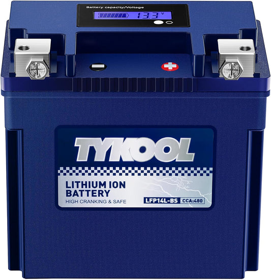 TYKOOL YTX14L-BS 3X Cranking Amps,5X Life, Lithium LiFePO4 Motorcycle Battery,12V 8Ah,480CCA,Digital Readout, Built in BMS,Powersports Battery, Compatible for Harley-Davidson, BRP (Sea-doo) Spark 900